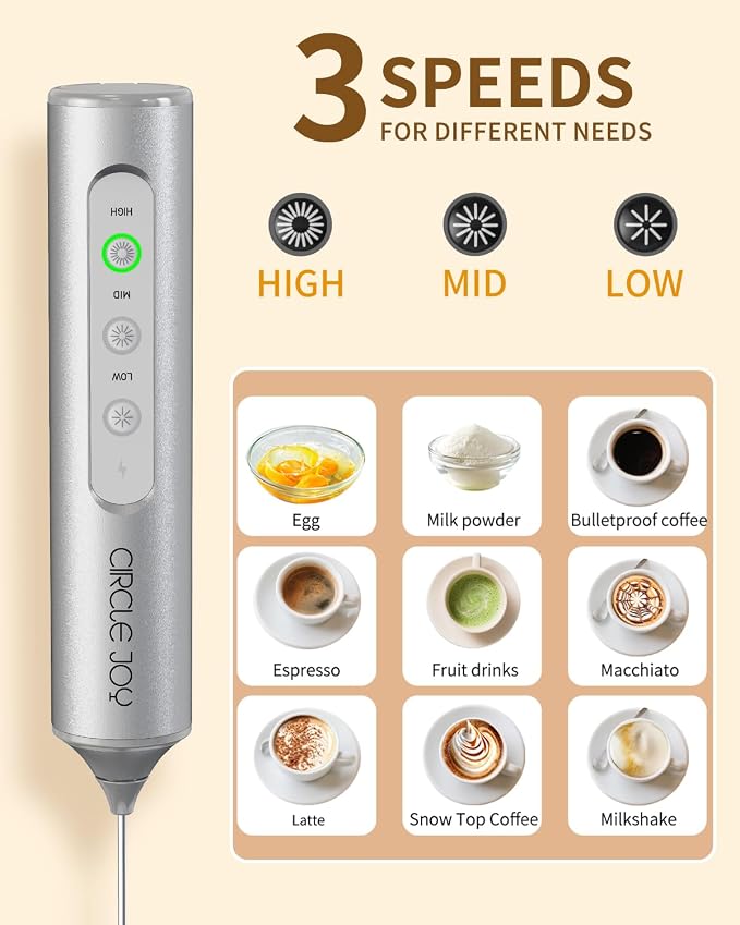 CIRCLE JOY Rechargeable Handheld Milk Frother Wand with 3 Variable Speeds, 3 Whisks and Storage Box, Electric Drink Mixer for Latte, Cappuccino, Hot Chocolate, Eggs and Protein Powder, Silver