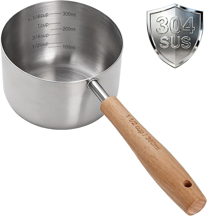1PCS 1-1/2Cup(360ml) Dog Cat Food Scoop, Measuring Cup for Pets & Kitchen | 18/8(304) Stainless Steel, Long Wood Handle, Precise for Portion Control, Etched Scale, BPA Free, Dishwasher Safe