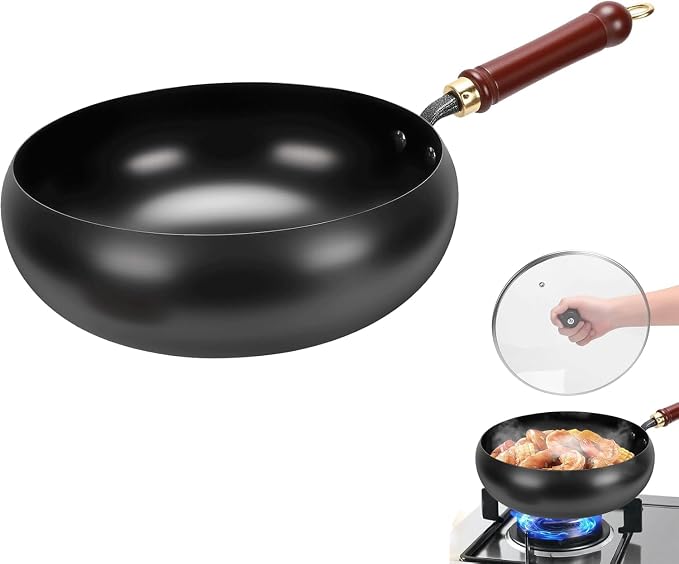 Gugxiom Suntuup Japanese Iron Pan, 26cm/10.23in Cast Iron Wok, with Spatula, 2 Covers to Choose From, for Pots On Electric Stoves/Induction Cookers/Gas Stoves (Glass lid 26cm/10.23in)