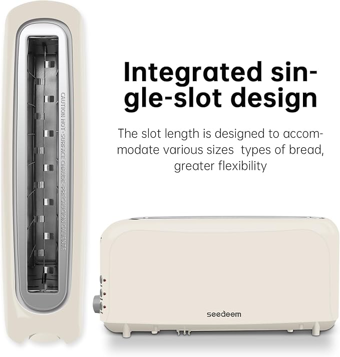 SEEDEEM 2 Slice Slim Toaster, Single 10" Long Slot Toaster Fits Bagels & Artisan Bread, 6 Shade Settings, Cancel/Reheat/Defrost, Removable Crumb Tray, Auto Shut-Off, Ivory