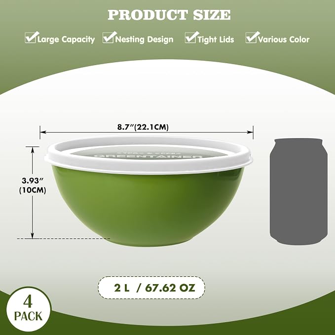 Greentainer 4-Piece Plastic Mixing Bowl Set with Lids for Kitchen, 67oz Lightweight Storage Bowls, Large Salad Bowls for Baking, Prepping, Cooking and Serving Food, Dishwasher & Microwave Safe