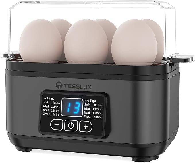 Tesslux Electric Egg Cooker, 6-Egg Boiler for Hard, Soft, Poached, Black | LED Countdown Timer, Touch Control, Poaching Bowl, Omelet Maker, Stainless Steel, Auto Shut-Off, Buzzer Alert, Compact