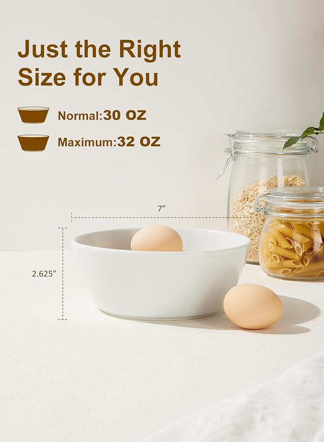 32 OZ Large Soup Bowls Set of 4 – White Porcelain Bowls for Ramen, Cereal, Salad, Pasta, Oatmeal & More – Microwave, Dishwasher, Oven & Freezer Safe