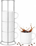 HASENSE 12oz Stackable Coffee Mug Set of 4 with Rack, Embossed White | Ceramic Coffee Mugs, Porcelain Coffee Cups for Latte, Cappuccino,Microwave Dishwasher Safe