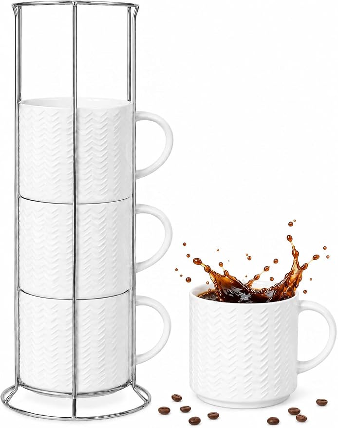 HASENSE 12oz Stackable Coffee Mug Set of 4 with Rack, Embossed White | Ceramic Coffee Mugs, Porcelain Coffee Cups for Latte, Cappuccino,Microwave Dishwasher Safe