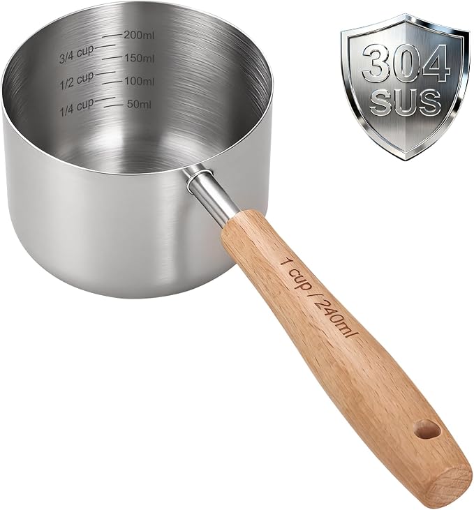 1PCS 1Cup(240ml) Dog Cat Food Scoop, Measuring Cup for Pets & Kitchen | 18/8(304) Stainless Steel, Long Wood Handle, Precise for Portion Control, Etched Scale, BPA Free, Dishwasher Safe