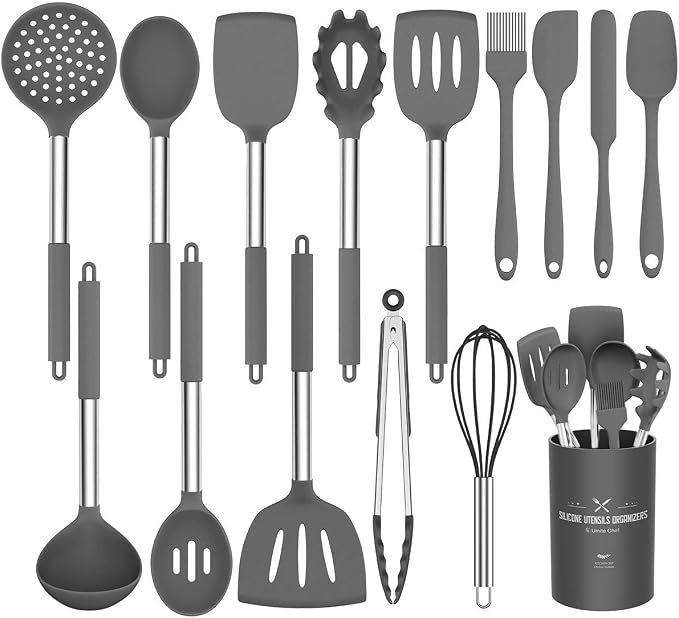Stainless Steel Kitchen Cooking Utensil Set, Umite Chef 15 pcs Cooking Utensils - Nonstick Kitchen Utensils Cookware Set Spatula Set -Kitchen Gadgets Utensils Set, Kitchen Tools Gift (Gray)