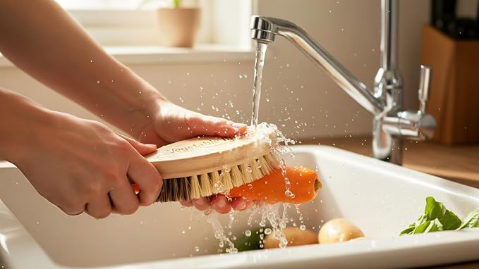 REDECKER Hard and Soft Side Vegetable Brush - Beechwood Handle - 2 Different Bristle Strengths for Cleaning Delicate or Tough-Skinned Vegetables, 5-1/4 inches - Vegetable Scrubber, Made in Germany