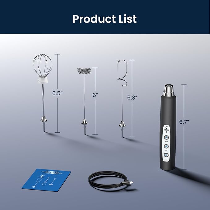 Milk Frother Wand Rechargeable Handheld Electric Whisk 3 Speed Adjustable | Coffee Frother Wand with 3 Stainless Whisks Electric Foam Maker Drink Mixer Blender for Latte Cappuccino Matcha Egg