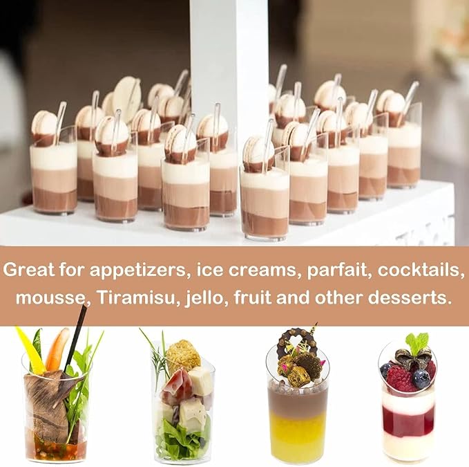 50 Pcs 2.2 oz Mini Dessert Cups with Spoons, Serves 25 | Small Plastic Dessert Shooter Cups, Parfait Shot Glasses, Slanted Tiny Cups for Cheesecake, Mousse, Pudding, Jello, Triffle