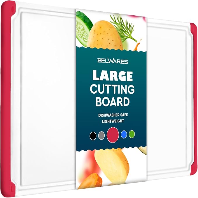 Extra Large Plastic Cutting Board for Kitchen - Red 18-Inch Dishwasher Safe Chopping Board, Reversible Cutting Board with Juice Groove + Non Slip Feet for Meat, Fruit, Vegetables by Belwares