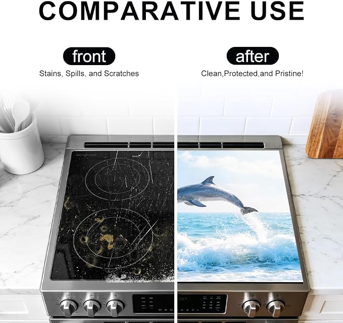 Ocean Dolphin Jumping Coastal Stove Top Cover 28.35x20.47in Beach | Ocean dolphin jumping coastal stove top cover 28.35x20.47 in; beach kitchen cooktop mat dishwasher safe machine washable