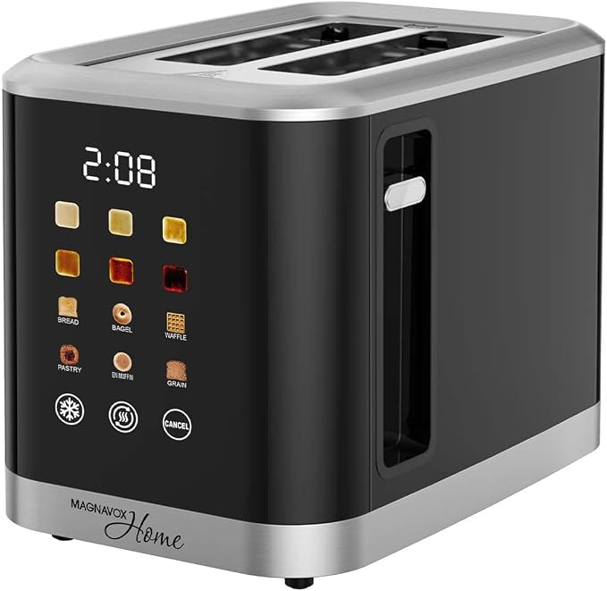 MAGNAVOX HOME, 2 Slice Smart Toaster, Touchscreen, Wide Slot for Bread, English Muffins, Croissants, and Bagels, 5 Adjustable Toast Settings, Cancel and Defrost, 6 Bread Types & Shade Settings
