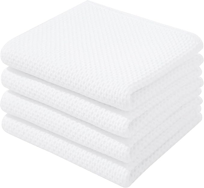 Homaxy 100% Cotton Waffle Weave Kitchen Dish Towels 4-Pack, White | 13 x 28 Inches, Ultra Soft Absorbent Dish Towels, Quick Drying Cleaning Towels