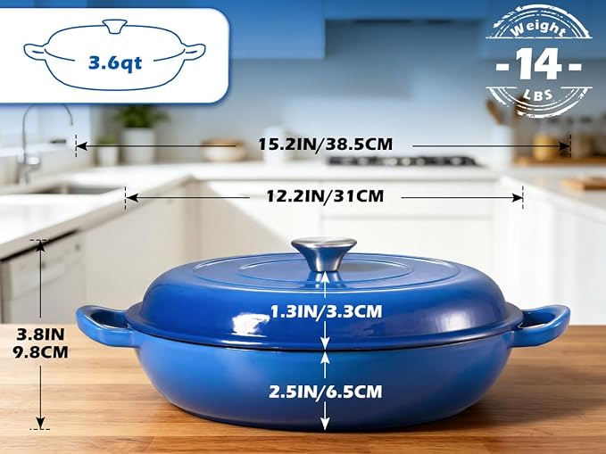 Leonyo 3.6QT Cast Iron Braiser Shallow Dutch Oven with Lid,Blue | Nonstick Enameled Cast Iron Casserole Skillet, Cast Iron Cookware Shallow Dutch Oven with Lid for All Cooktop, Oven Safe