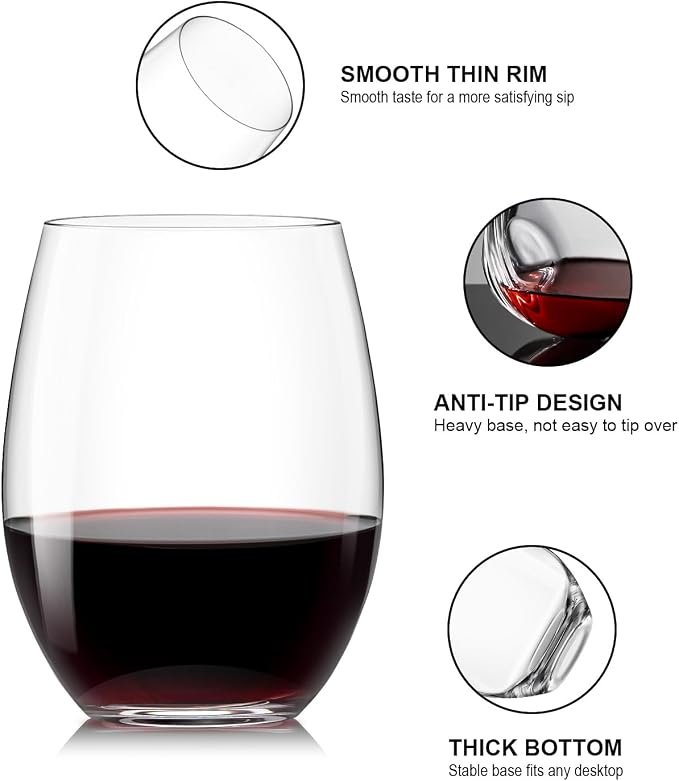 OJA Wine Glasses Set, Crystal Stemless Red Wine Glass, Set of 12, 15 oz | No Stem, Clear, Sturdy Drinking Glass for White Wine, Daily Use, Birthday, Wedding, Home Party, Anniversary, Shower Gift
