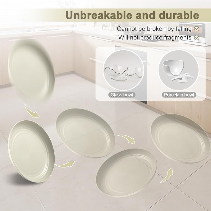 HEYCOME 12 Pcs Unbreakable Deep Dinner Plates Set, 10 inch Reusable Plastic Wheat Straw Plates, Microwave and Dishwasher Safe Plate for Kitchen, Lightweight Plate for Dessert, BPA Free, Beige