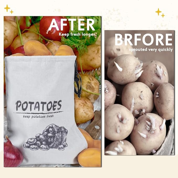 Potato Onion Garlic Storage Bag, Reusable Potato Onion and Storage Bag for Pantry, Vegetable Storage Bags with Drawstring Closure, 3 Packs (Potato Onion Garlic Bag)