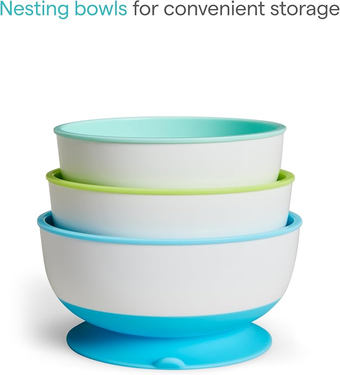 Munchkin Stay Put Suction Baby Bowls with Lids - Dishes for Babies and Toddlers, Self-Feeding Bowl Set for Kids 6+ Months, 3 Pack, Blue/Green