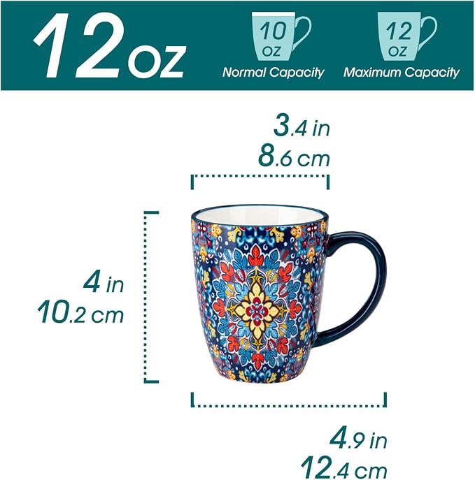 vancasso SIMI 12 oz Coffee Mugs Set of 6, Ceramic Mug with Handle, Boho | Coffee Cups for Latte, Tea, Cappuccino & Hot Chocolate, Easy-Grip Mug, Dishwasher & Microwave Safe, Bohemian Gift Set