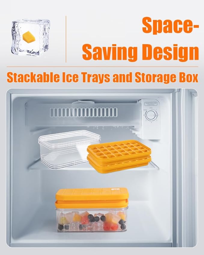 Brigii Ice Cube Tray with Lid & Storage Bin, 56 Cubes Ice Trays for Freezer | Silicone bottom easy release, press-to-pop, 2 trays 56 cubes, storage bin and scoop, BPA-free, stackable, for whiskey