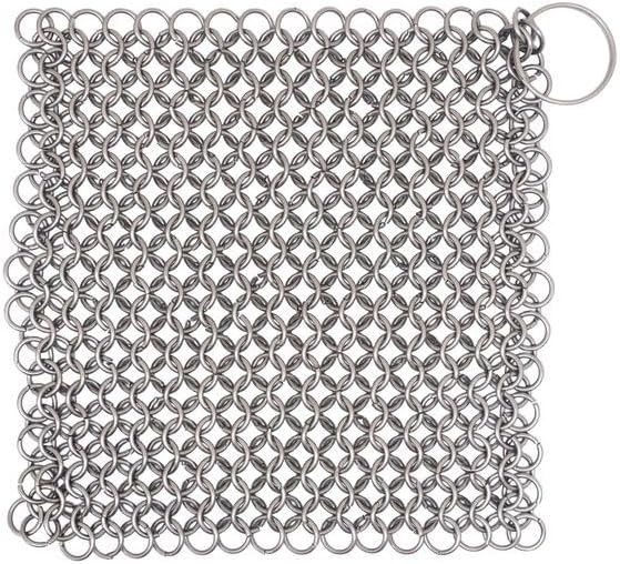 Cast Iron Scrubber 316 Stainless Steel Skillet Cleaner Chainmail Scrubber Chain Mail Scrub with Hanging Ring for Cast Iron Pre-Seasoned Pans (15 X 15cm)