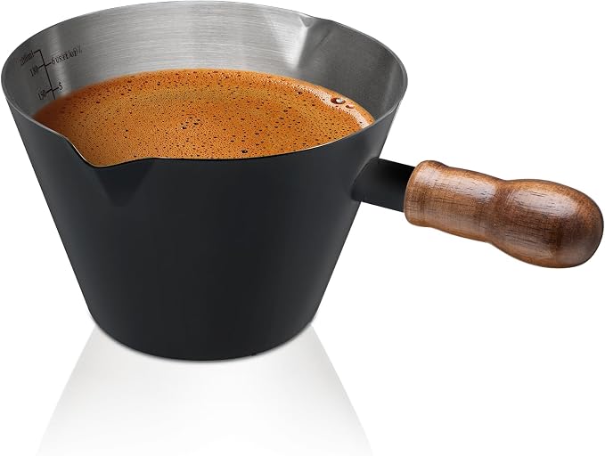Amrules 6.8oz Espresso Measuring Cup with Wood Handle & Double Spout, Black | 18/8 Stainless Steel & Wood Handle, V-Shaped Spout for Precision Pouring, Clear Scale Markings, for Coffee, Milk, Tea & Syrup