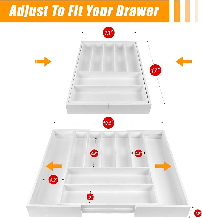 Large Premium Bamboo Silverware Organizer - Expandable Utensil Drawer Organizer - 17"x19.6" Utensil Holder and Cutlery Tray with Grooved for Kitchen Flatware and Utensils(7-9 Slot, White)