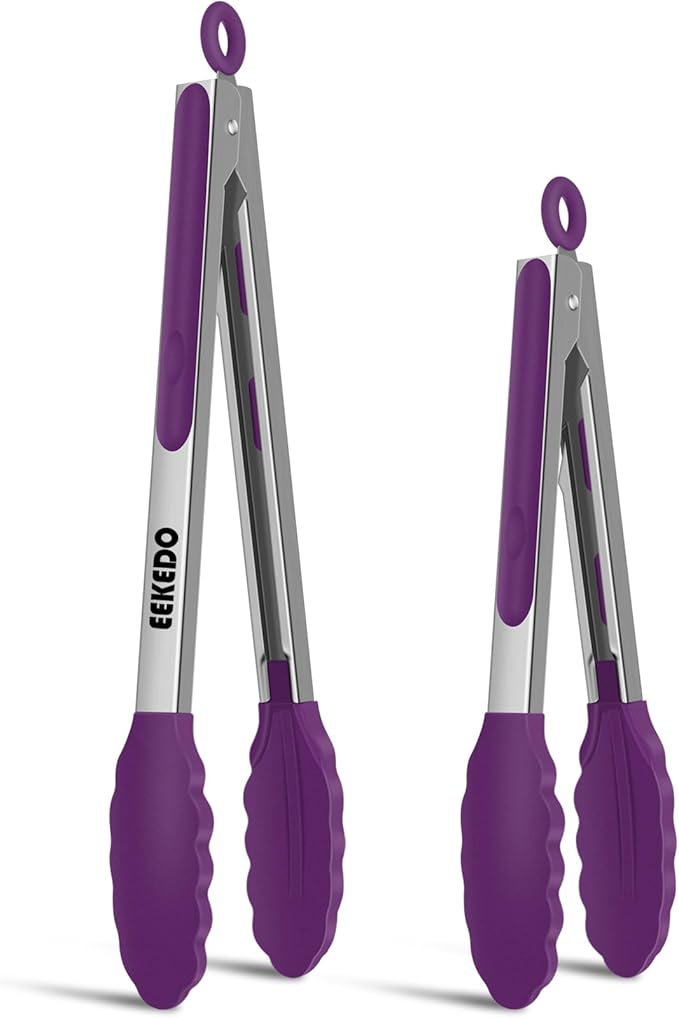 Tongs for Cooking, 600ºF High Heat-Resistant Stainless Steel Kitchen Tongs with Silicone Tips, Non Scratch, Locking Tong for BBQ Grilling Air Fryer Food Salads, Set of 2 (9" and 12") Purple