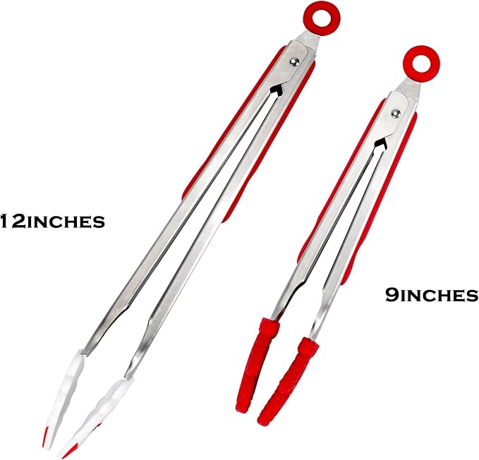 Kitchen Tongs, Food-Grade Silicone Tips with Christmas Design | Dishwasher safe, Premium Stainless Steel, Heat Resistant 500ºF, 9'' and 12''