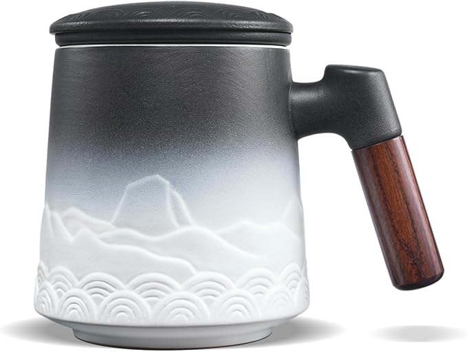 ZENS Tea Mug with Infuser and Lid for Loose Leaf Tea Steeper, 16.9oz White | Embossed Ceramic Tea Cup with Infuser for Herbal Tea Difussers, Tea Lovers Gifts, Nature Wood Handle