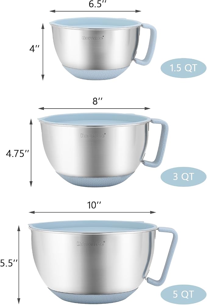 Stainless Steel Mixing Bowls Set with Lids,1.5,3 & 5 Qt,Light Blue | Non-Slip Silicone Base,Precision Pour Spout,Ergonomic Easy-Grip Handle,Measurement Marks,Airtight Lids,Cooking & Meal Prep