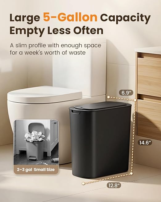 Cesun 5 Gallon Automatic Bathroom Trash Can with Lid, Black, Touchless | Motion Sensor, Slim, Small Smart Garbage Bin, Plastic, Battery Operated, Manual Button, for Office/RV/Bedroom/Living Room