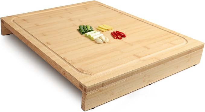 BAMOTTO CRAFTBAMBOO 18.1x21.3 Inch Large Bamboo Cutting Board | 2 Detachable Support Panels | Reversible Juice Grooves | Stovetop & Dishwasher Cover | Over Sink | Tray and Carving Board