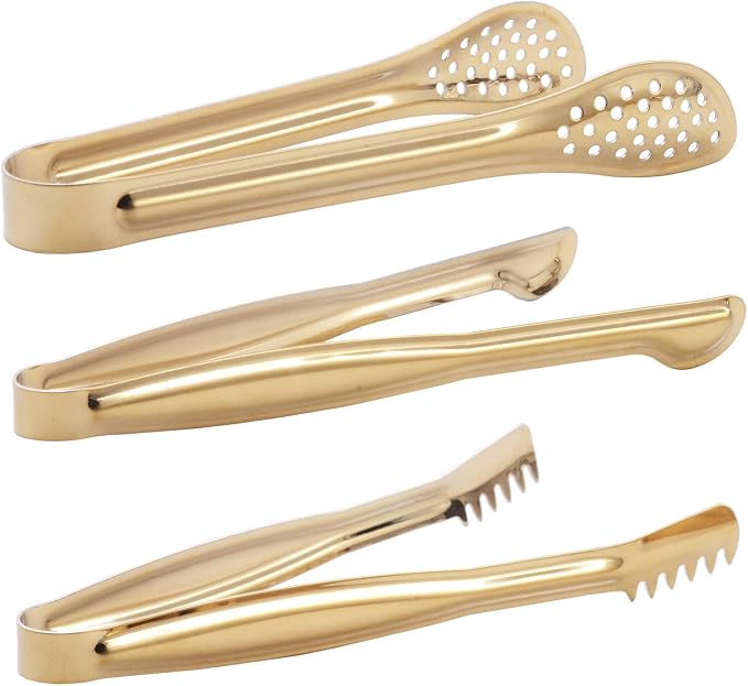 HINMAY Gold Plated Mini Serving Tongs Set 6-Inch Appetizers Tongs, Set of 6 | Stainless Steel Small Sugar Cube Tongs Ice Tongs