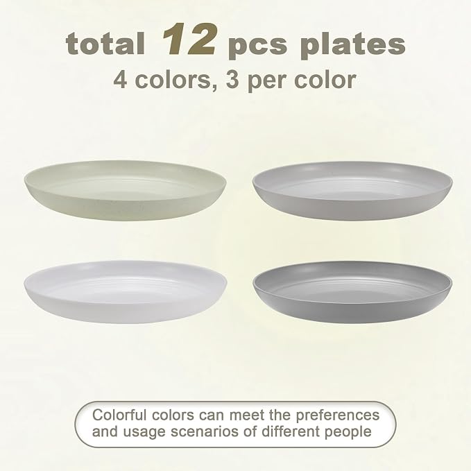 HEYCOME 12 Pcs Unbreakable Deep Dinner Plates Set, 10 inch Reusable Plastic Wheat Straw Plates, Microwave and Dishwasher Safe Plate for Kitchen, Lightweight Plate for Dessert, BPA Free, 4 Colors