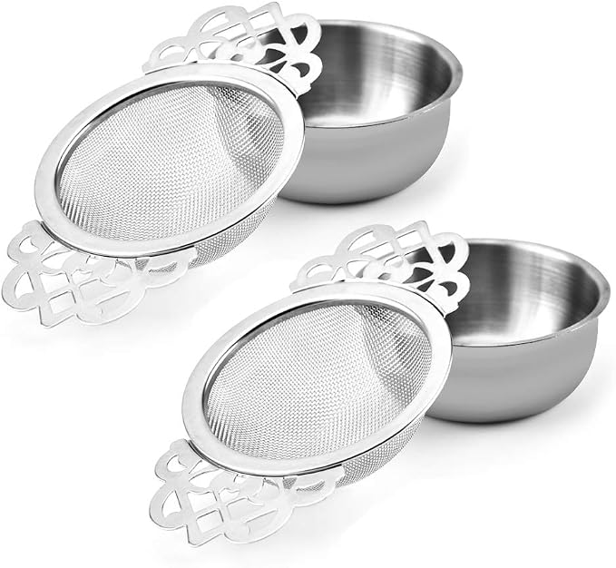 Picowe 2 Pack Tea Strainer Bowl, Stainless Steel Sliver Tea Strainers for Loose Tea Fine Mesh for 2.5-4 Inch Cup Mouth