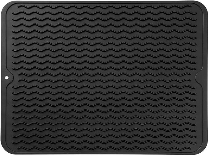 MicoYang Silicone Dish Drying Mat — Quick-Dry Ridges Counter & Sink Pad, Heat-Resistant Trivet to 450°F, Non-Slip & Dishwasher Safe, Roll-Up Storage, 18 Colors & 9 Sizes (Black, 16"×12")