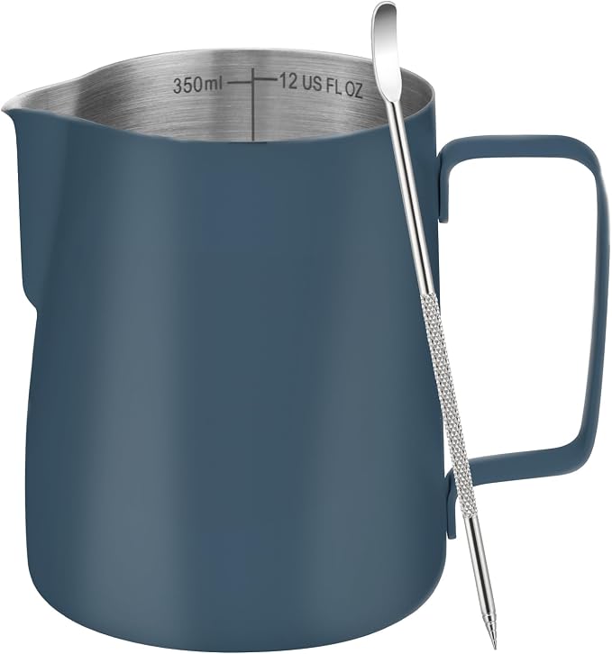 Amrules Milk Frothing Pitcher 12oz Frother Cup Barista Tools, Blue | 18/8 Stainless Steel, 12oz Capacity with Clear Scale, with Decorating Pen, Ergonomic Handle, for Cappuccino, Latte & Espresso