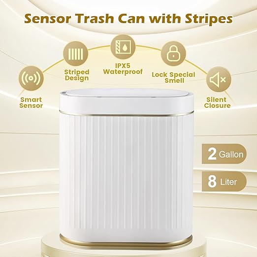 SYNCVIBE Bathroom Trash Can with Lid, 2 Gallon, Motion Sensor | Automatic Garbage Can, 7.5 Liter Smart Trash Bin, Narrow Plastic Wastebasket for Bedroom, Office and Living Room