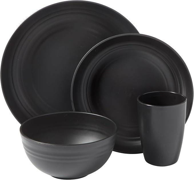 Gibson Home Plates and Bowls Set, 32 Piece Wheat Straw Dinnerware for 8 | Carmel Haze Collection - Dishes, Dishware, Matte Black, Tumblers, Unbreakable, Lightweight, Dishwasher Safe