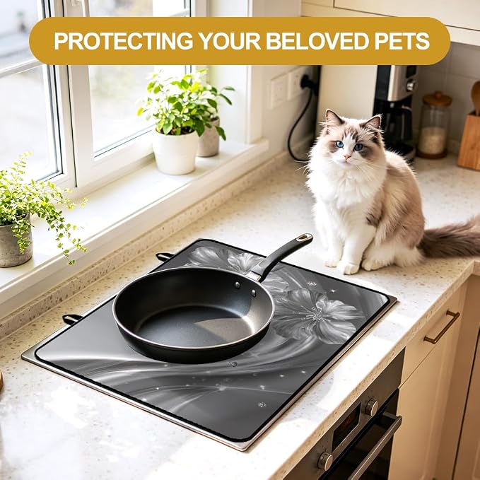 Silver Flower Stove Top Cover 28x20 Inch Decorative Glass Stove Cover | Heat Resistant Cooktop Protector Mat with Non-Slip Backing, Scratch Protection and Countertop Drying Mat.