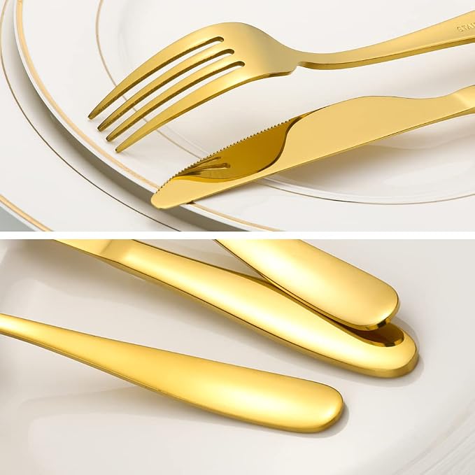 60-Piece Gold Silverware Set, CXJY Stainless Steel Flatware Set for 12, Kitchen Utensils cutlery with Titanium Golden Plated Include Spoons Forks Knives, Mirror Polished Dishwasher Safe