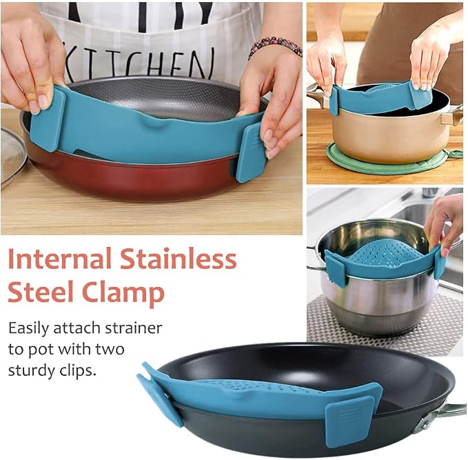 YEVIOR Clip on Strainer for Pots Pan Pasta,Silicone Food Pan Strainer | Food-grade BPA-free,Kitchen Food Strainer for Spaghetti, Pasta,Vegetable Fruits Fits All Bowls and Pots (Teal)