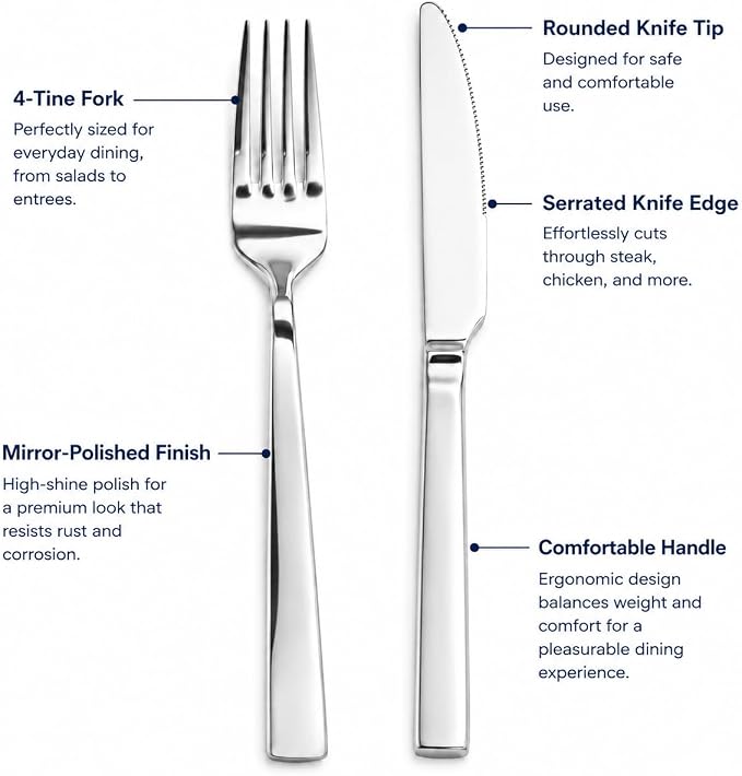 SANTUO 16-Piece Stainless Steel Dinner Knife and Fork Set for 8, Mirror Polished Flatware Set with 8 Dinner Knives and 8 Dinner Forks, Dishwasher Safe Silverware for Family Dining
