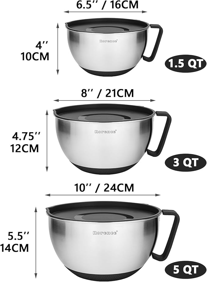 Stainless Steel Mixing Bowls Set with Lids,1.5,3 & 5 Qt,Black | Non-Slip Silicone Base,Precision Pour Spout,Ergonomic Easy-Grip Handle,Measurement Marks,Airtight Lids,Cooking & Meal Prep