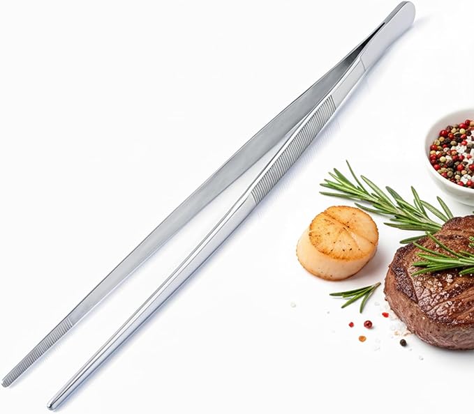 12-Inch Stainless Steel Kitchen Tweezers, Food Tongs for Cooking | Long Pasta and Plating Tweezer Tongs with Serrated Tips for Secure Grip; Professional Chef Tweezers for Cooking and Grilling