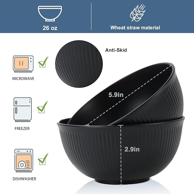 Wheat Straw Bowls Set of 8, Black Plastic Bowls Reusable 26 OZ | Microwave and Dishwasher Safe Bowls for Kitchen, Non Toxic Unbreakable Bowls for Cereal, Oatmeal, Snack, Dinner and Soup