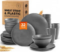 Teivio 32-Piece Plates and Bowls Sets for 8, Irregular Gray Dinnerware Sets | Irregular Cups, Plastic Wheat Straw Unbreakable Dish Set, Dishwasher Safe, for Outdoor Camping RV Essentials Plate Set