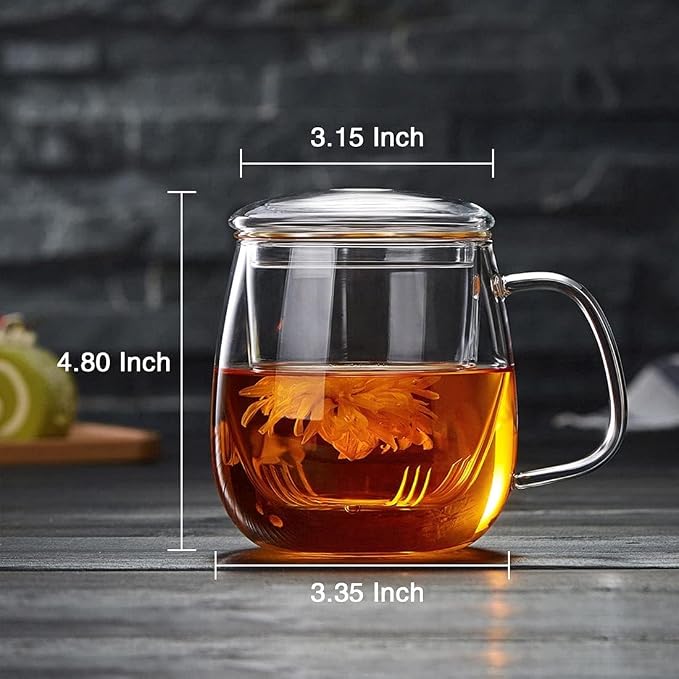 DOPUDO Glass Teacups 4 Pack Glass Tea Cup with Infuser and Lid, 17.6oz/520ml Large Borosilicate Teacup,Tea Clear Mug Cup for Loose Leaf Blooming Tea, Microwave & Dishwasher Safe.